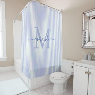 Rideaux De Douche Moderne Monogramme Nom Rayures Bleues & Blanches