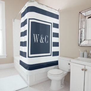 Rideaux De Douche Moderne Monogramme Tendance Bleu Nuit et Blanc Ray