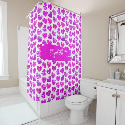 Rideaux De Douche Moderne Purple Rose Doodled Hearts Valentine Nom (En situation)