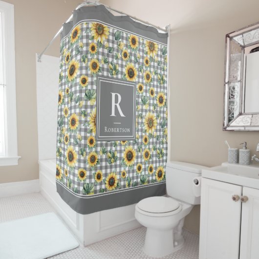 Rideaux De Douche Moderne Sunflower Monogram Gingham Maison de Campa (En situation)