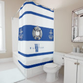 Rideaux De Douche Moderne tendance Nautique Bleu et Blanc Long (En situation)