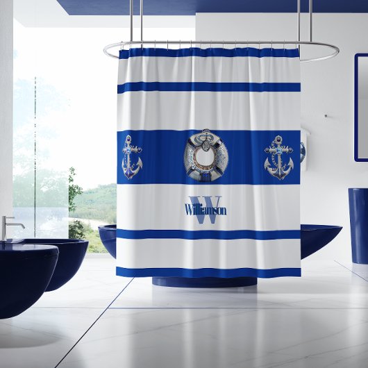 Rideaux De Douche Moderne tendance Nautique Bleu et Blanc Long