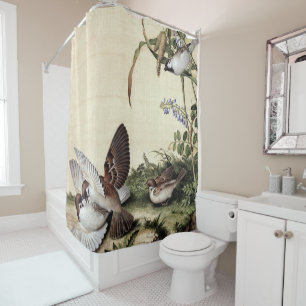 Rideaux De Douche Moineaux et fleurs violettes de style chinoiserie
