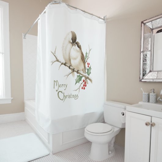 Rideaux De Douche Moineaux sur une branche de Noël (En situation)