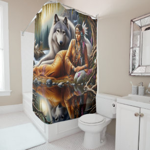 Rideaux De Douche Moment tranquille : femme indienne et loup