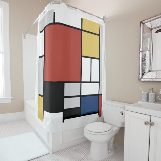 Rideaux De Douche Mondrian Peinture Rouge Plane Jaune Noir Gris Bleu (En situation)