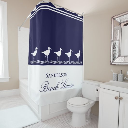 Rideaux De Douche Monogram Beach maison marine bleu Sandpipers (En situation)