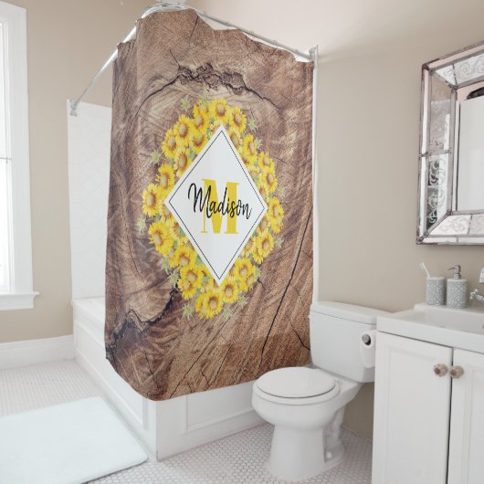 Rideaux De Douche Monogram de Rustic Sunflowers & Wood Texture (En situation)