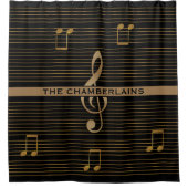 Rideaux De Douche Monogram Faux Gold Treble Clef and Notes on BLACK (Devant)