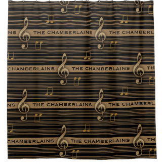 Rideaux De Douche Monogram Muddy Brown Gold Treble Clef and Notes