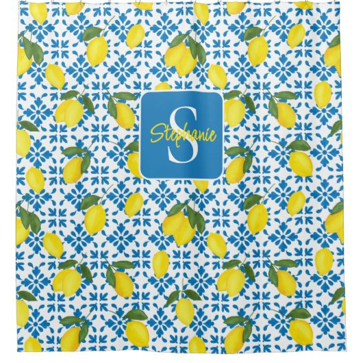 Rideaux De Douche Monogram Name Blue French Tile Lemon Pattern  (Devant)