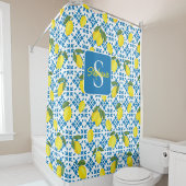 Rideaux De Douche Monogram Name Blue French Tile Lemon Pattern 