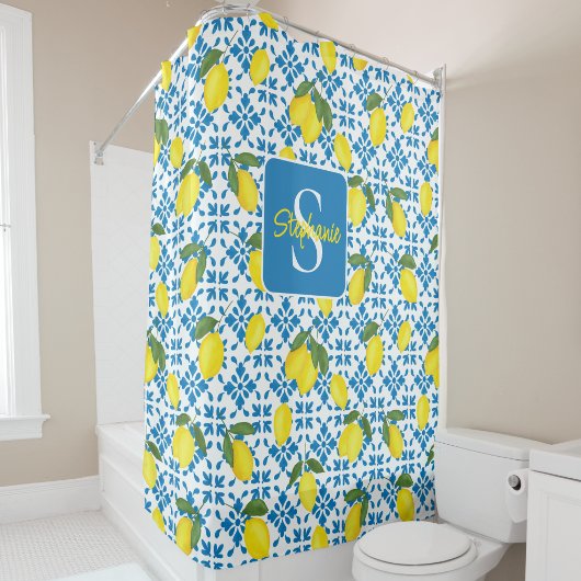 Rideaux De Douche Monogram Name Blue French Tile Lemon Pattern 
