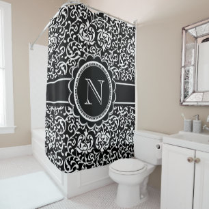 Rideaux De Douche Monogram Tudor Garden Damask Elegant noir blanc