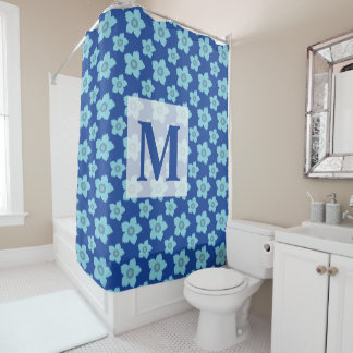 Rideaux De Douche Monogramme à motif floral bleu