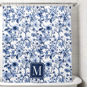 Rideaux De Douche Monogramme à motif toile de Jouy fleuri bleu vinta