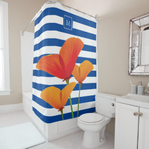 Rideaux De Douche Monogramme à rayures bleu chic