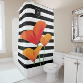 Rideaux De Douche Monogramme à rayures noires chic (En situation)