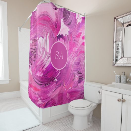 Rideaux De Douche Monogramme Abstrait Art violet rose (En situation)
