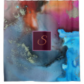 Rideaux De Douche Monogramme Abstrait bleu orange rouge ondulé (Devant)