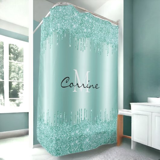 Rideaux De Douche Monogramme Aqua Blue Dbl Parties scintillant de sé