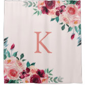 Rideaux De Douche Monogramme Aquarelle Boho rose Bourgogne Rose Fleu (Devant)