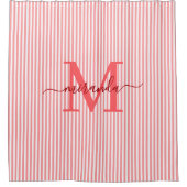 Rideaux De Douche Monogramme bandes rouges et blanches modernes (Devant)