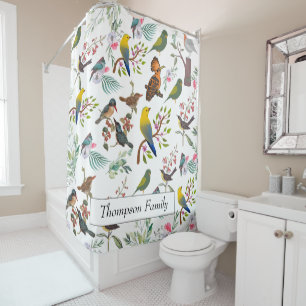 Rideaux De Douche Monogramme belle nature avec oiseaux l Blanc