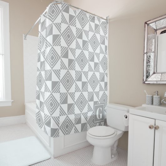 Rideaux De Douche Monogramme blanc gris géométrique triangle carré (En situation)