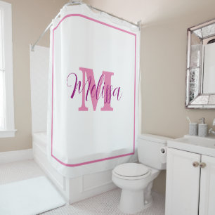 Rideaux De Douche Monogramme blanc rose Nom personnalisé initial Élé