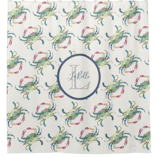 Rideaux De Douche Monogramme Bleu Aquarelle Crabe Côtier (Devant)