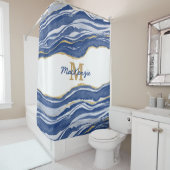 Rideaux De Douche Monogramme Bleu Marbre Agate Or Parties scintillan (En situation)