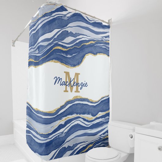 Rideaux De Douche Monogramme Bleu Marbre Agate Or Parties scintillan