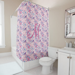 Rideaux De Douche Monogramme Bleu rose Oiseaux Floral Toile Chinoise