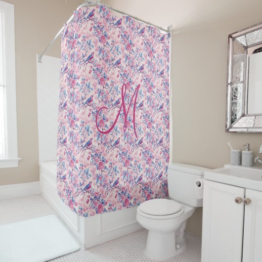 Rideaux De Douche Monogramme Bleu rose Oiseaux Floral Toile Chinoise (En situation)