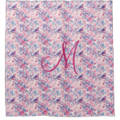 Rideaux De Douche Monogramme Bleu rose Oiseaux Floral Toile Chinoise (Devant)
