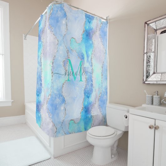 Rideaux De Douche Monogramme Blue Galaxy Parties scintillant Agate D (En situation)