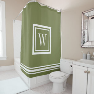 Rideaux De Douche Monogramme carré classique vert olive et blanc