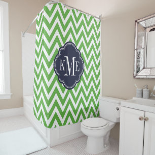 Rideaux De Douche Monogramme Chevron Green et Navy