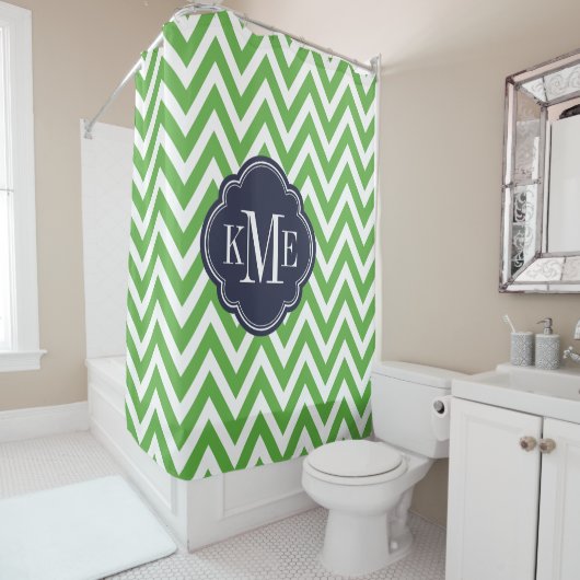 Rideaux De Douche Monogramme Chevron Green et Navy (En situation)