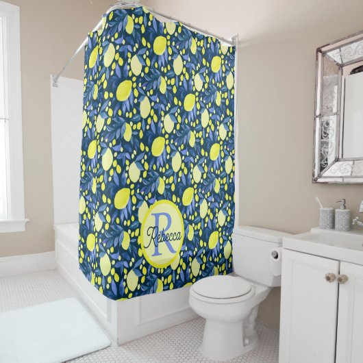 Rideaux De Douche Monogramme Chic Nom Rustique Citron Citrons Feuill (En situation)