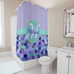 Rideaux De Douche Monogramme clair violet et aqua + Nom Échelles de