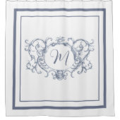 Rideaux De Douche Monogramme classique de bordure bleu poussiéreux (Devant)