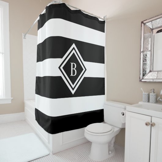 Rideaux De Douche Monogramme de bandes horizontales blanches et noir (En situation)