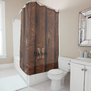 Rideaux De Douche Monogramme de bois ancien brun foncé rustique