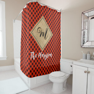 Rideaux De Douche Monogramme de Burlap Plaid de Buffalo Rouge Noir R