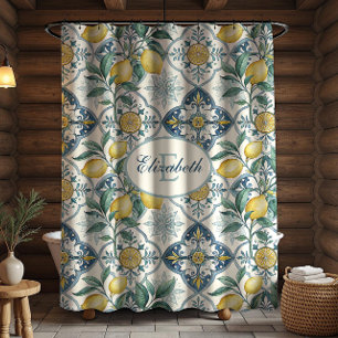 Rideaux De Douche Monogramme de carreau bleu motif de citron de camp