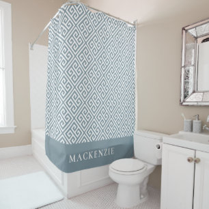 Rideaux De Douche Monogramme de clé grecque bleue poussiéreuse et bl