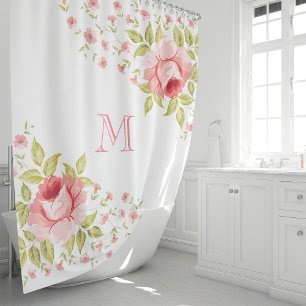 Rideaux De Douche Monogramme de coin aux roses roses Chic Country
