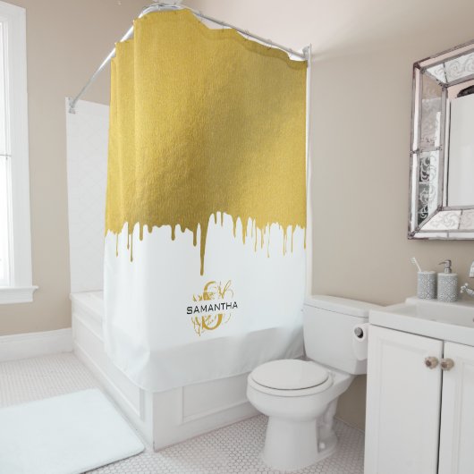 Rideaux De Douche Monogramme de gouttes métalliques or tendance (En situation)